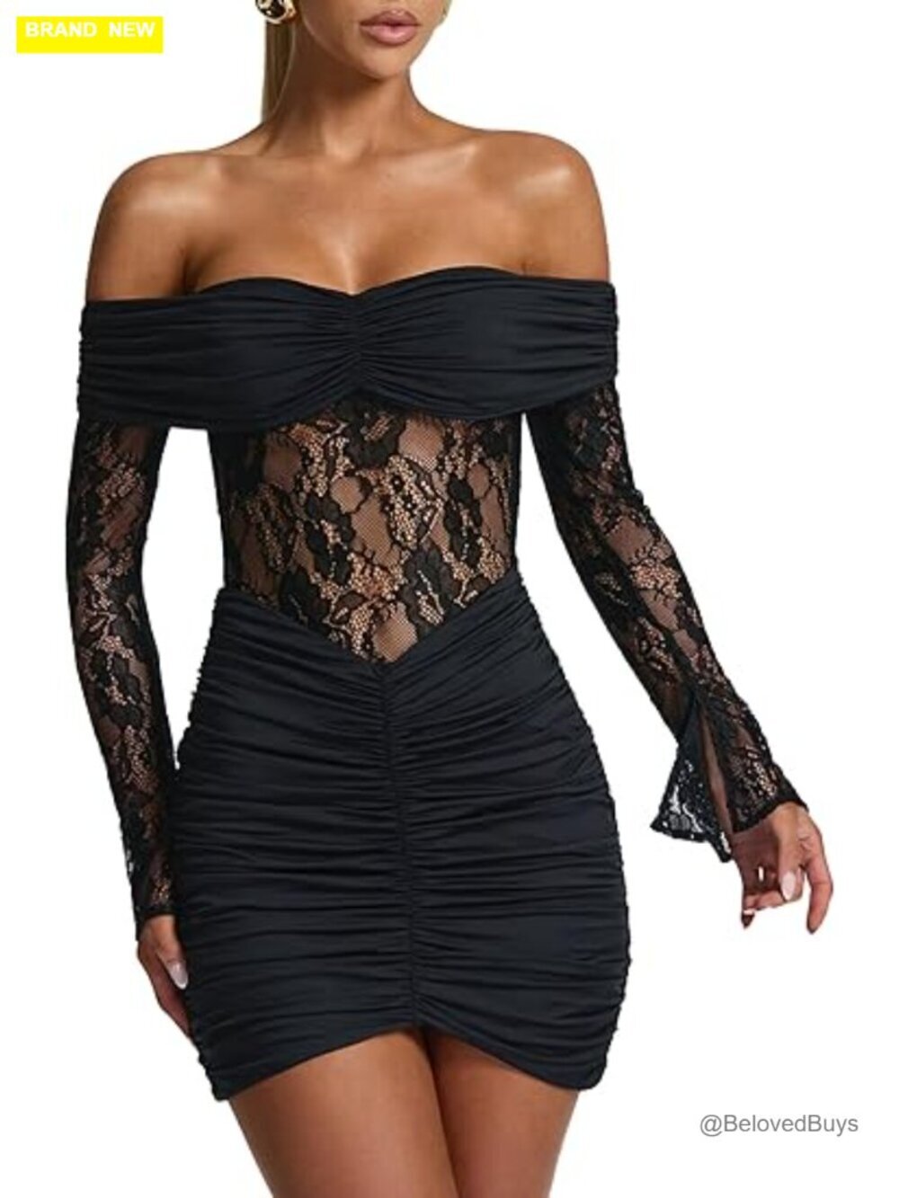 Women's Lace Off Shoulder Bodycon Mini Dress Long Sleeve Night Out Party